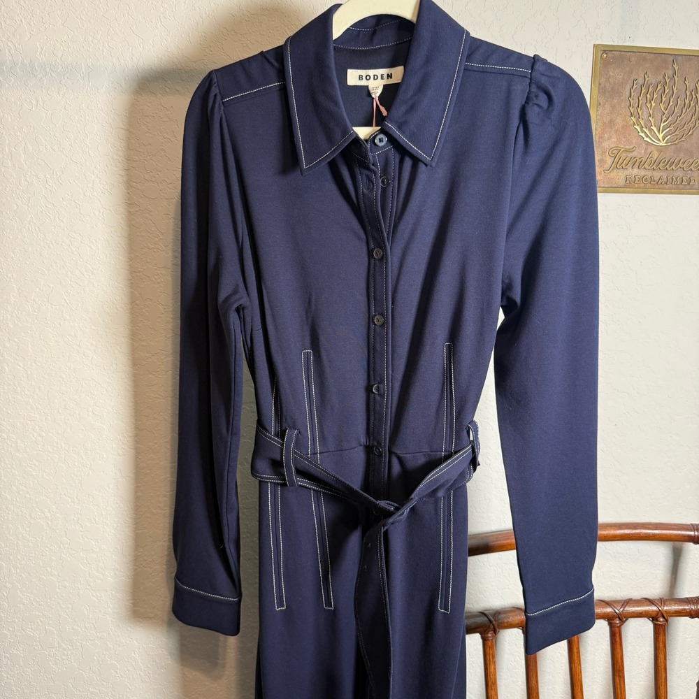 Boden Navy Blue Contrast Stitch Belted Midi Shirt Dress Womens 12R UK 16R - Picture 3 of 9